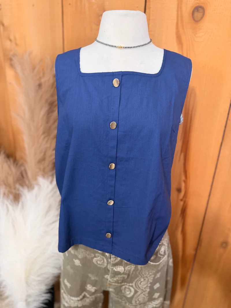 Square Neck Button Down Tank *navy