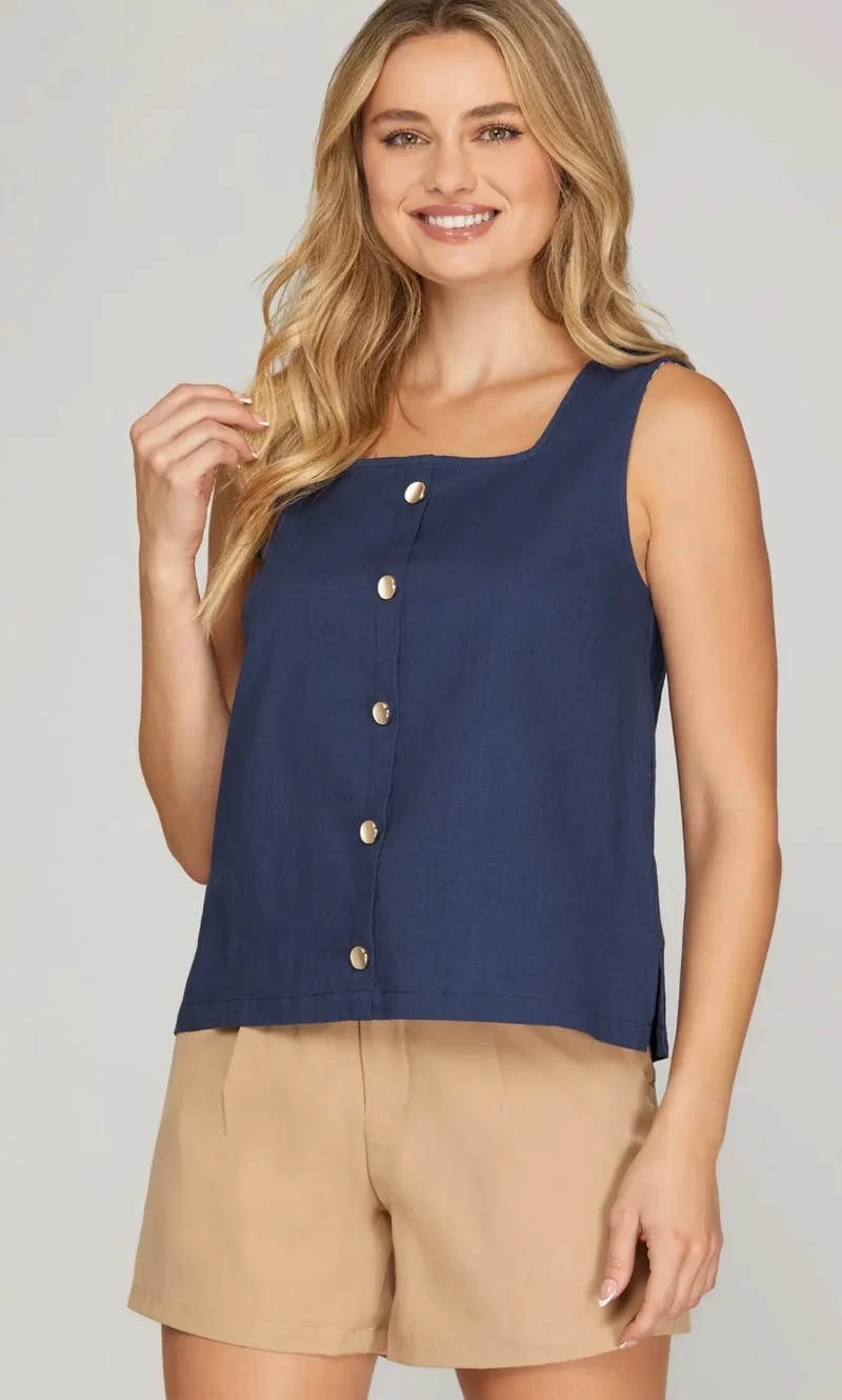 Square Neck Button Down Tank *navy