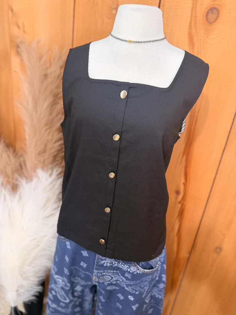 Square Neck Button Down Tank *black