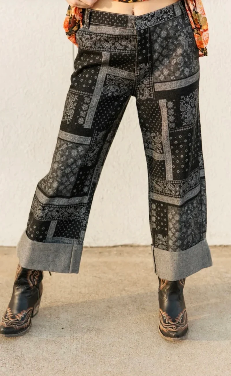 Black Paisley Cuffed Jeans