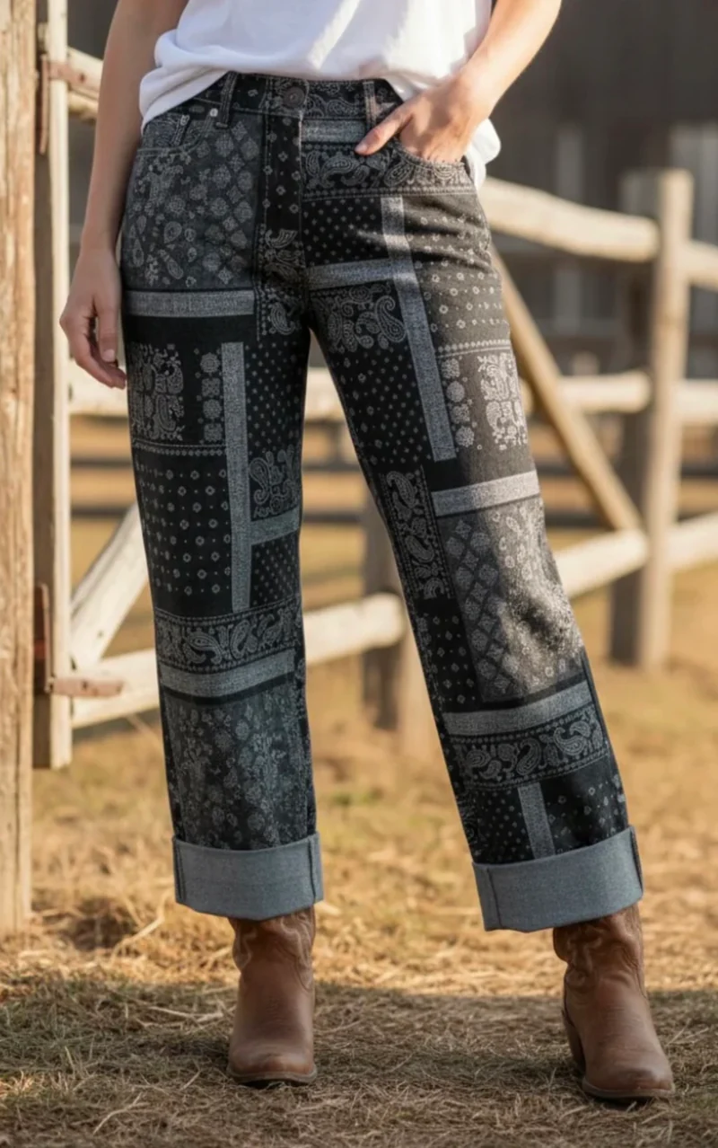 Black Paisley Cuffed Jeans