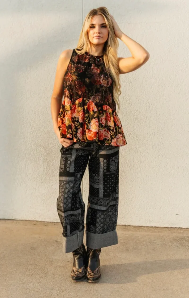 Black Paisley Cuffed Jeans