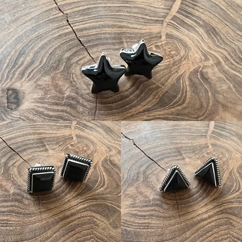 Black Onyx Simple Stud Sterling Earrings