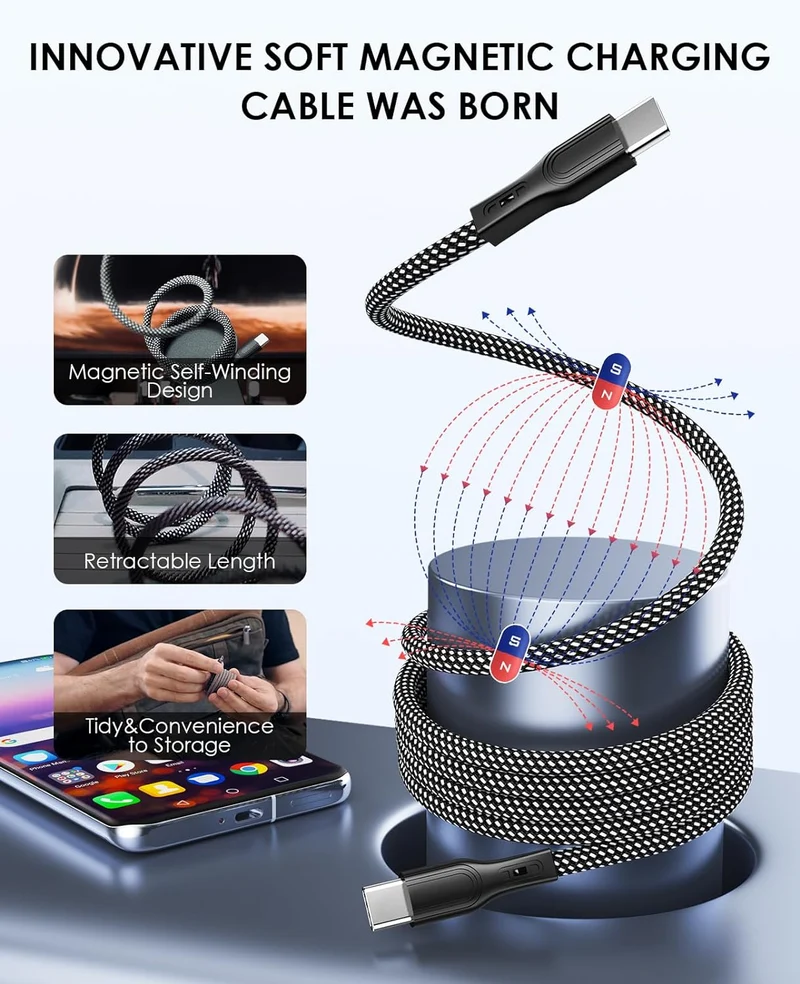 JoesGE USB-C to USB-C Magnetic Self Coil Charger Cable - Accessories