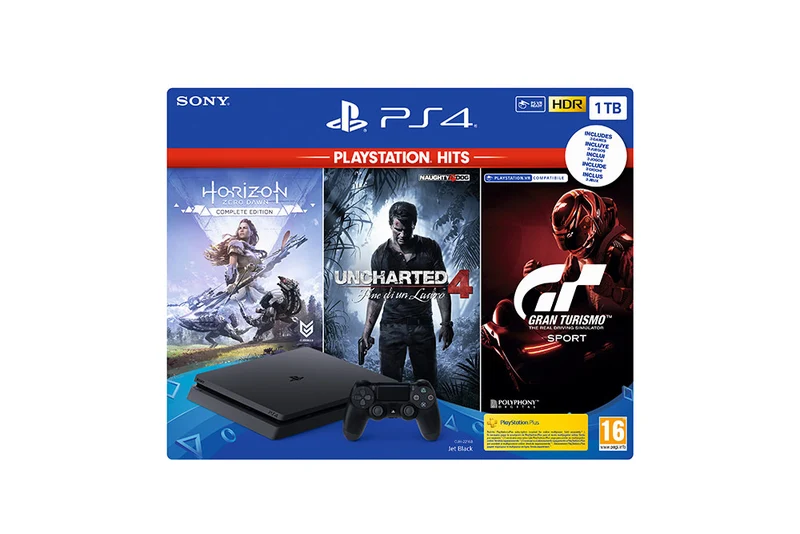 PLAYSTATION 4 SLIM 1TB (1000GB) + Horizon Zero Dawn Complete Ed. + Uncharted 4 + GT Sport