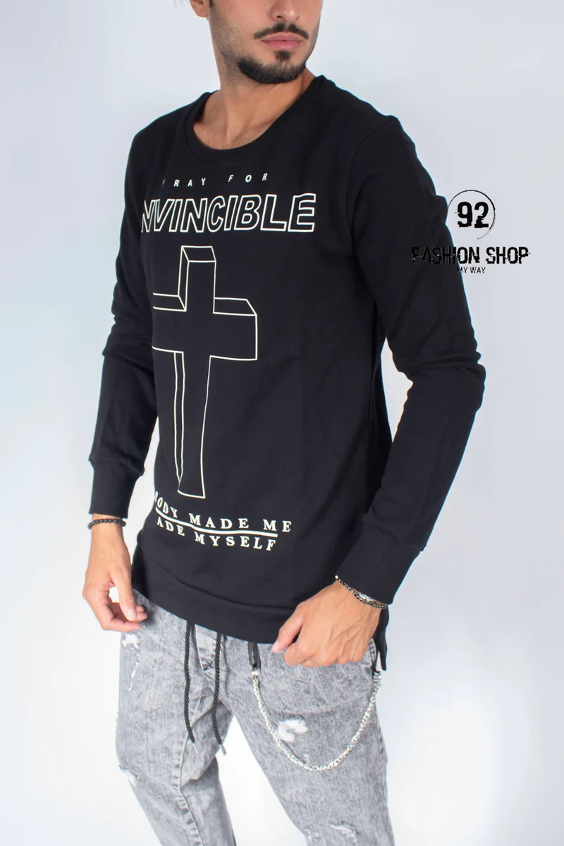 FELPA UOMO BLACKSVNDAY INVINCIBLE NERA CON SCRITTE E CROCE ANTERIORE E SCRITTA FONDO SCHIENA ART. FE54