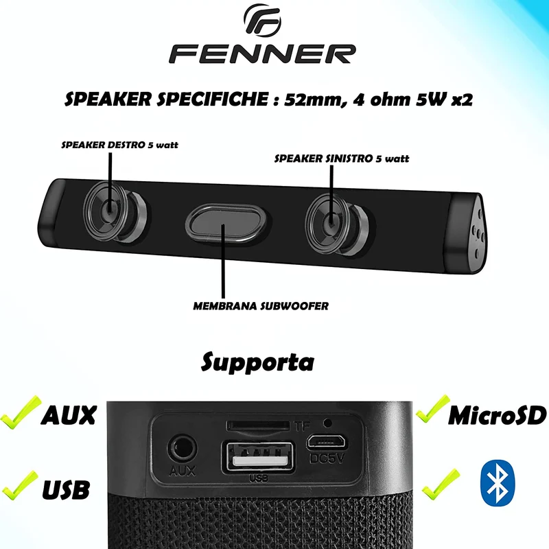 FENNER Cassa Bluetooth portatile 10W durata batteria 2/3h MicroSD AUX RADIO FM USB Speaker Bluetooth 5.0