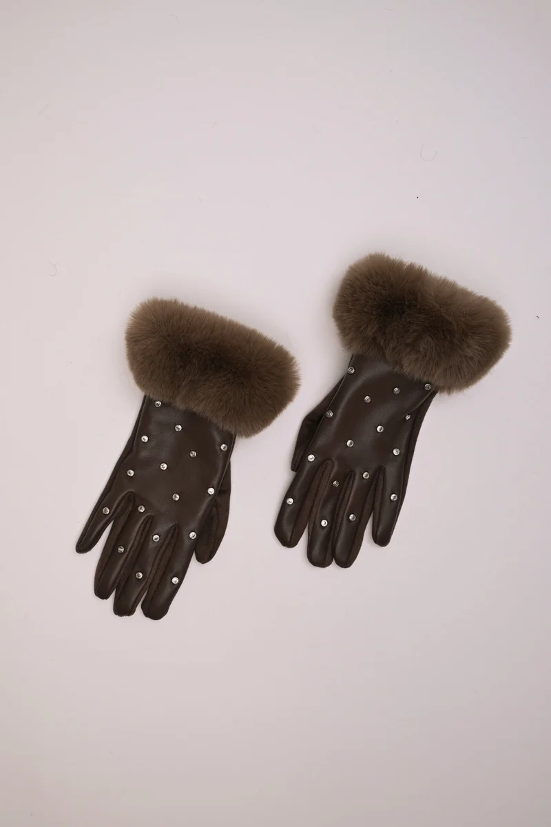 Guanti in similpelle con polsini in faux fur e strass