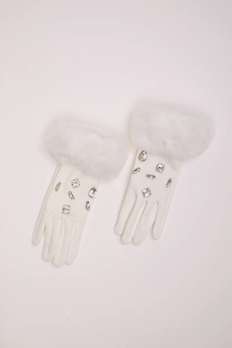 Guanti con polsini in faux fur e strass
