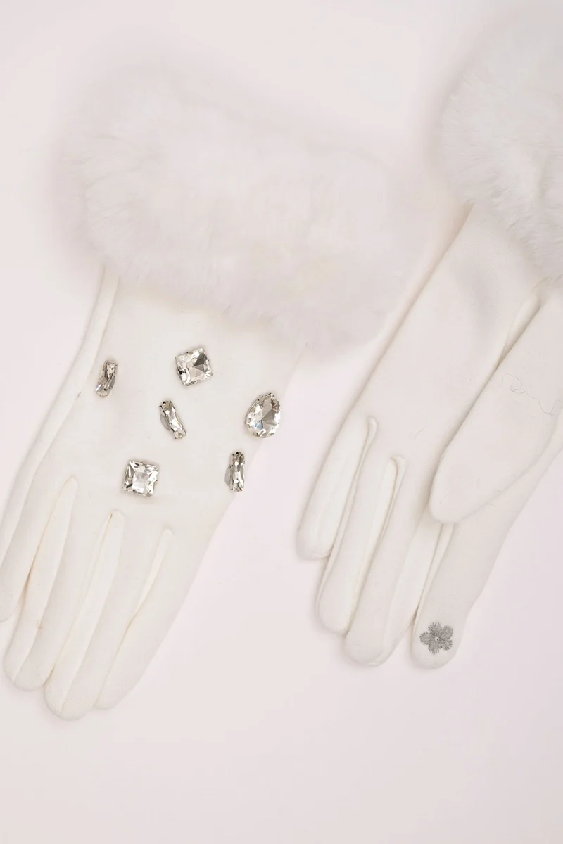 Guanti con polsini in faux fur e strass