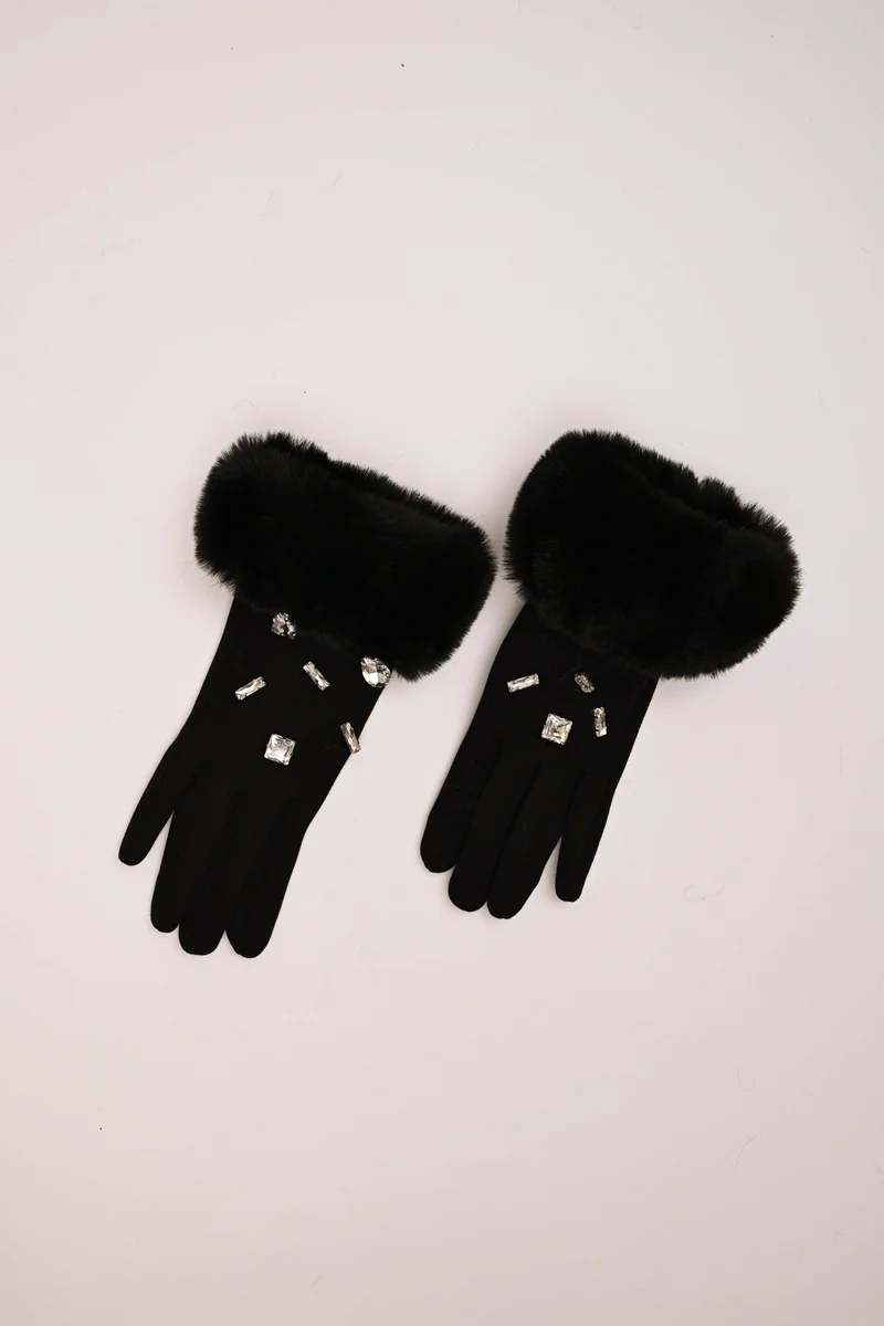 Guanti con polsini in faux fur e strass