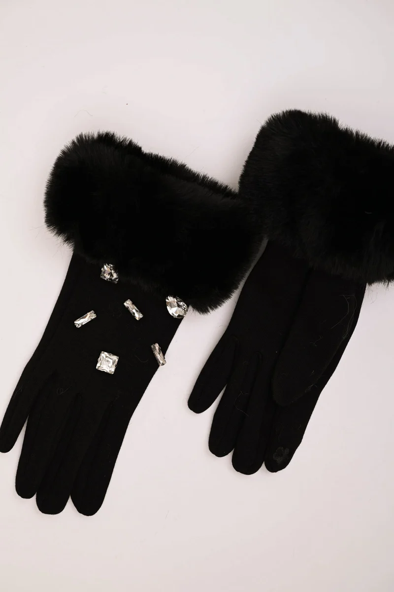 Guanti con polsini in faux fur e strass