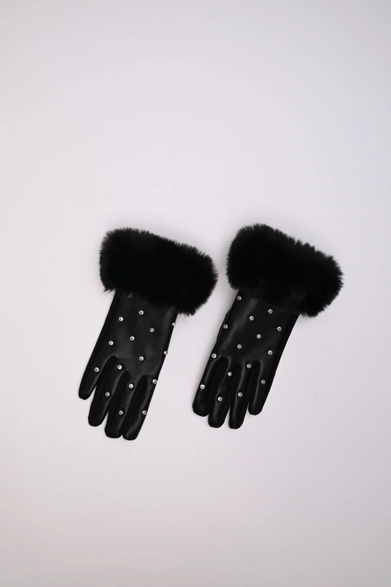 Guanti in similpelle con polsini in faux fur e strass