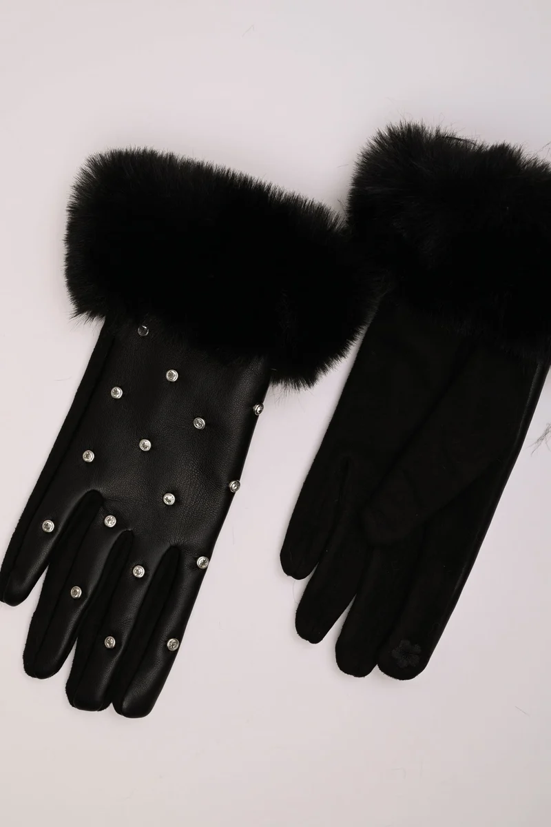 Guanti in similpelle con polsini in faux fur e strass