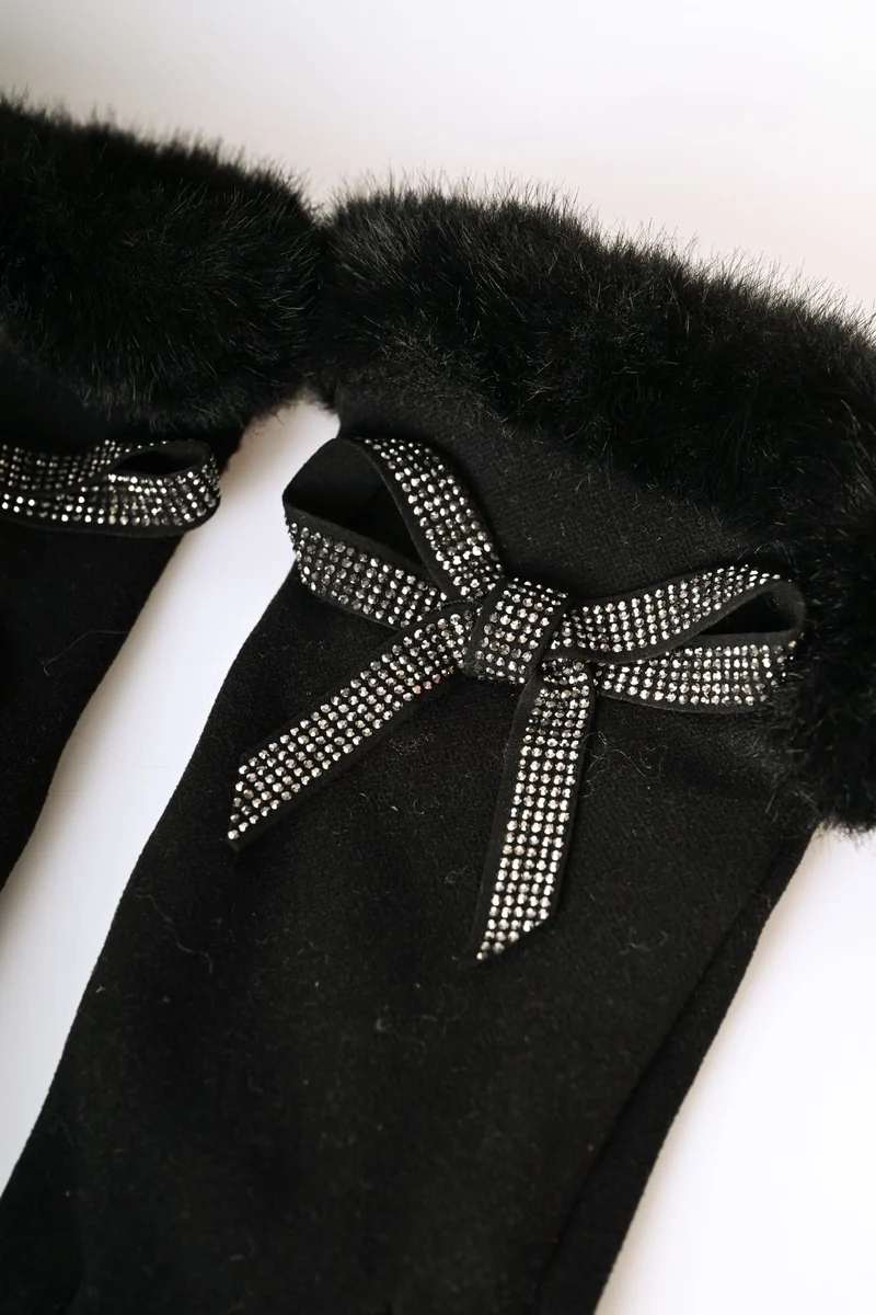 Guanti con bordo in faux fur e fiocco